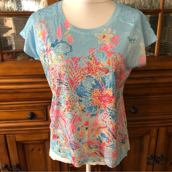 Like New Oasis Comfort Blue Floral and Gem Top - Picture 1 of 6